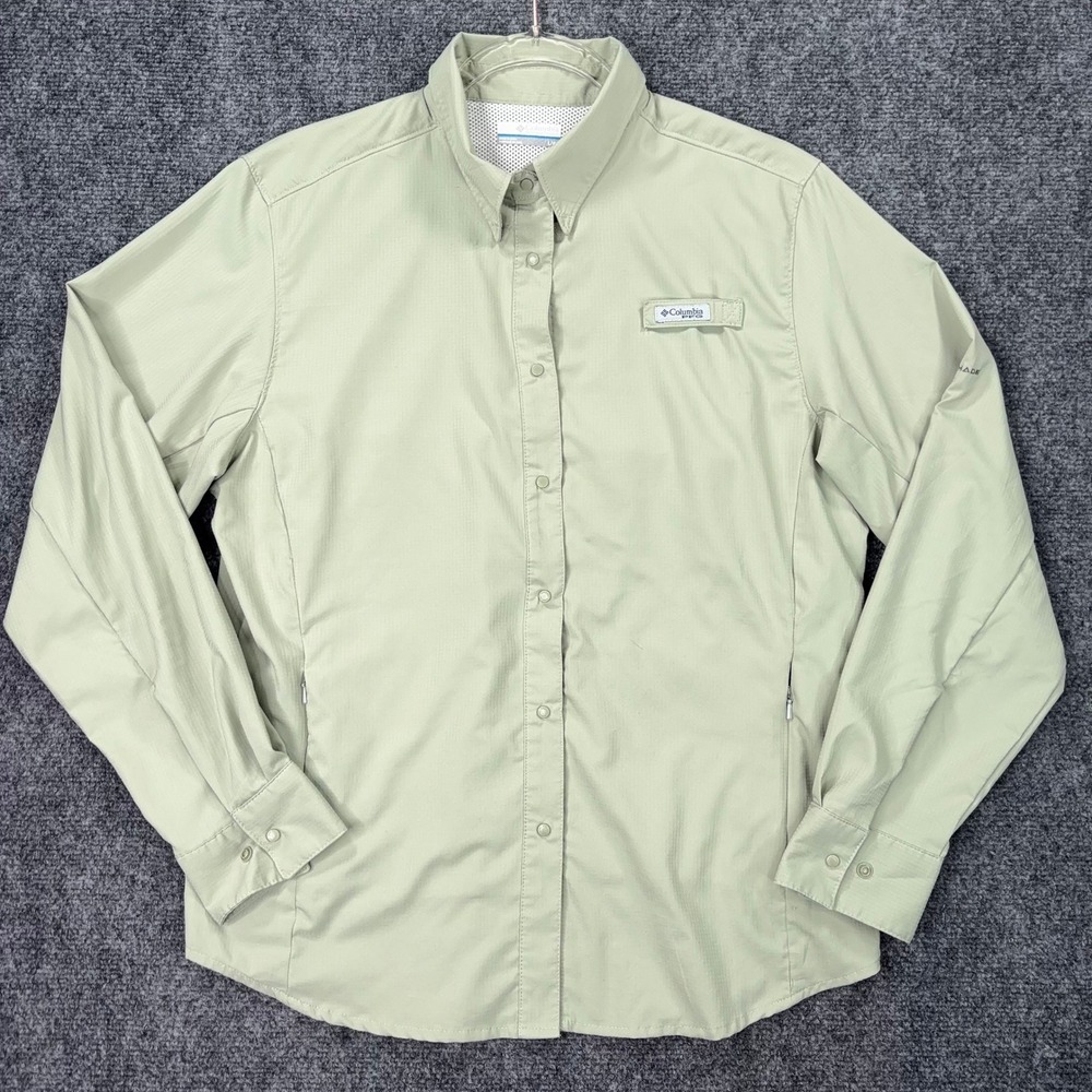 Columbia PFG Fishing Shirt Womens Large Green Long Sleeve Vented Ripstop Button